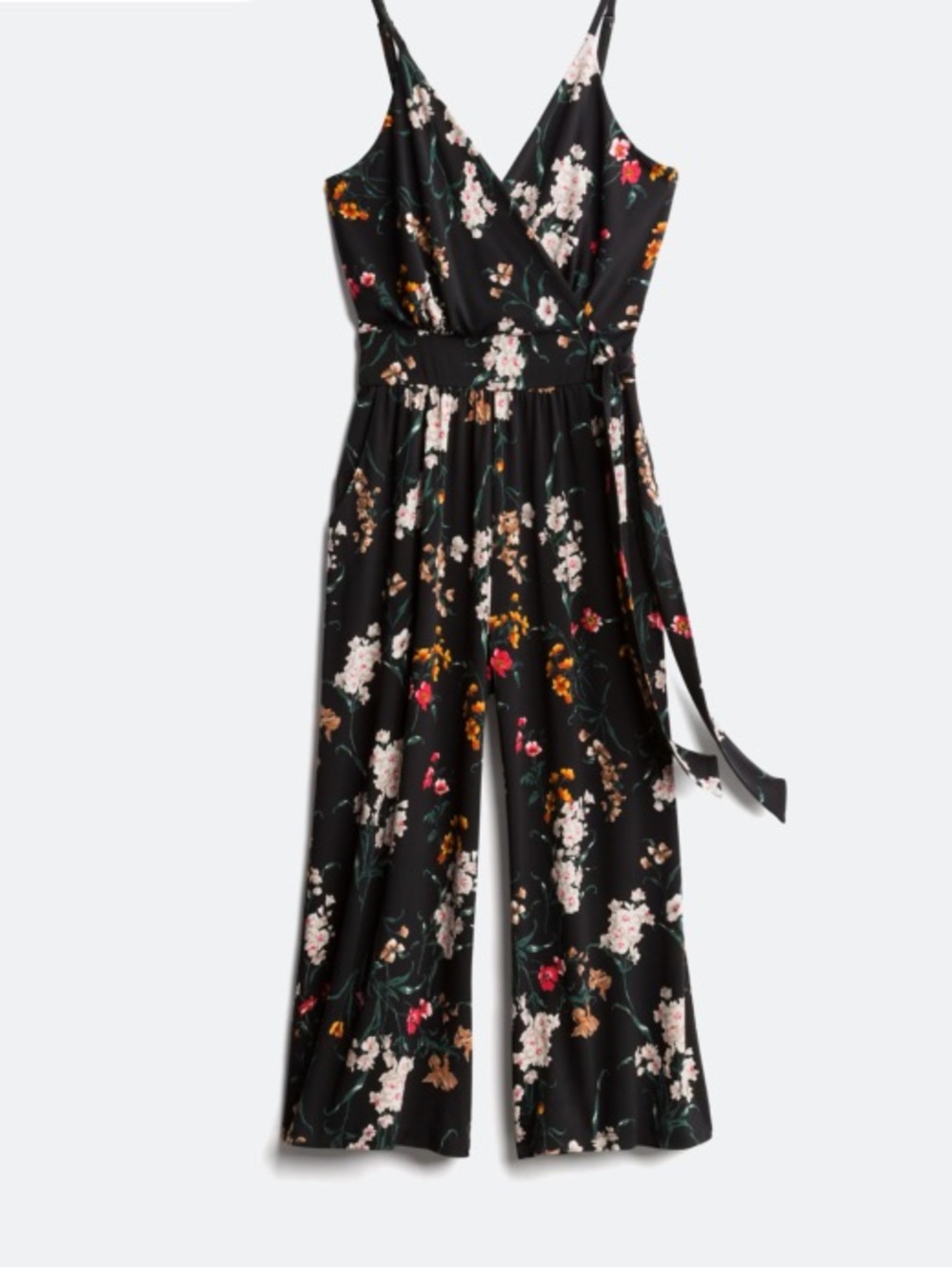 Kaileigh Black Floral Wrap Jumpsuit with Pink and Orange Blooms